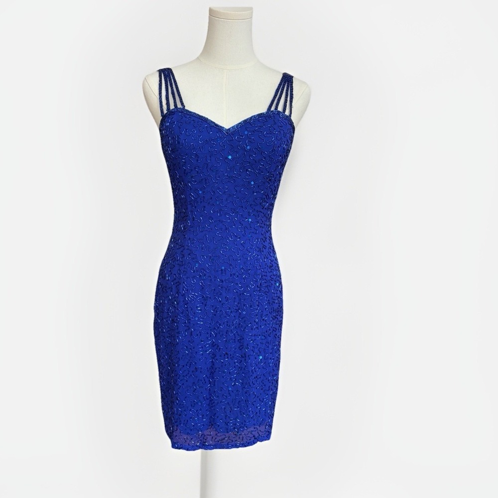 Vintage 90s Royal Blue Beaded Mini Dress Size 4 Formal Party Sequins Strappy